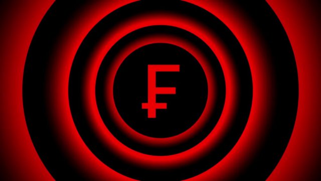 Falling Swiss frank sign surrounded by red blurred circles - visual illusion. 3D rendering Switzerland frank seamless looping animation 3840x2160, 4k.