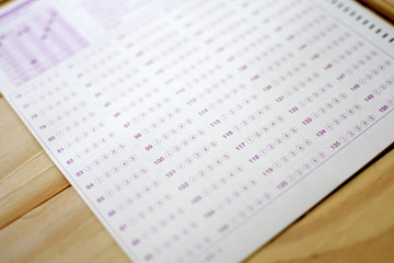 Standard test form selective focus on answer sheet