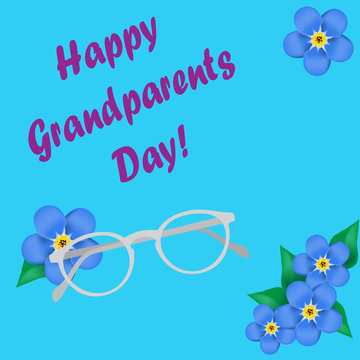 Grandparents Day, greeting card. Forget me not. Googles. Glasses. Blue font. Vector illustration