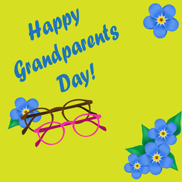 Grandparents Day, greeting card. Forget me not. Googles. Glasses. Yellow font. Vector illustration