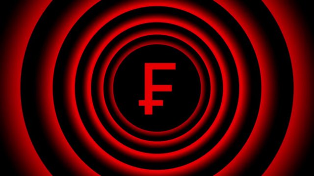 Falling Swiss frank sign surrounded by red blurred circles - visual illusion. 3D rendering Switzerland frank seamless looping animation 3840x2160, 4k.