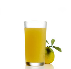 Orange juice and tangerine on white background