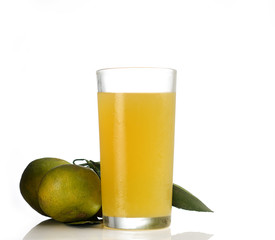 Orange juice and tangerine on white background