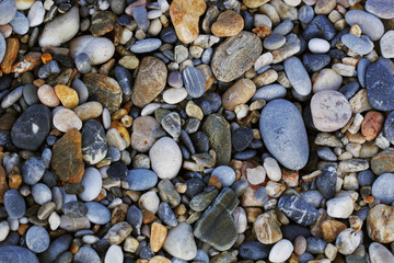  A close up view of smooth polished multicolored stones washed a