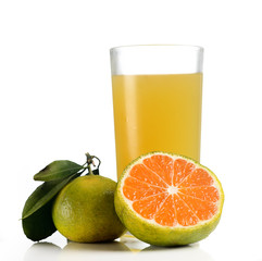 Orange juice and tangerine on white background