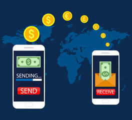 Concept mobile money transfer, mobile online banking, transfer financial operations. Vector illustration, flat design