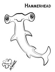 Children's coloring book that says Paint me. Sea life. Hammerhea