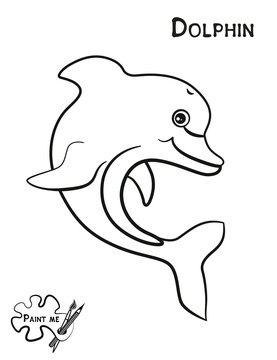 Children's coloring book that says Paint me. Sea life. Dolphin