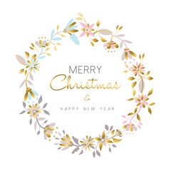 Merry christmas and new year gold flower wreath