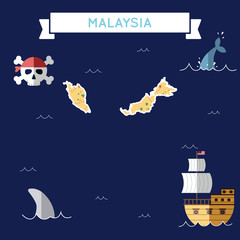 Flat treasure map of Malaysia. Colorful cartoon with icons of ship, jolly roger, treasure chest and banner ribbon. Flat design vector illustration.
