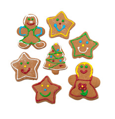 Colorful, glazed gingerbread cookies on white background