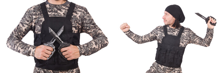 Soldier with knife isolated on white