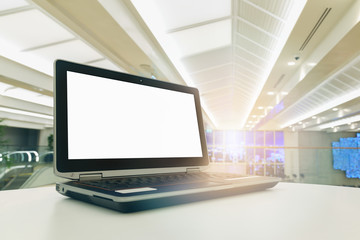 Laptop on desk, computer notebook isolated white screen
