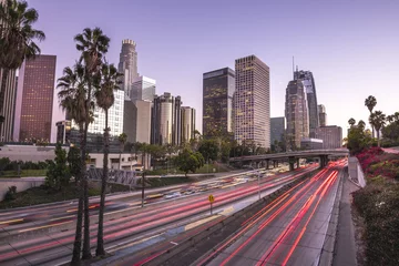 Fototapeten Downtown Los Angeles at sunset with light trails © chones