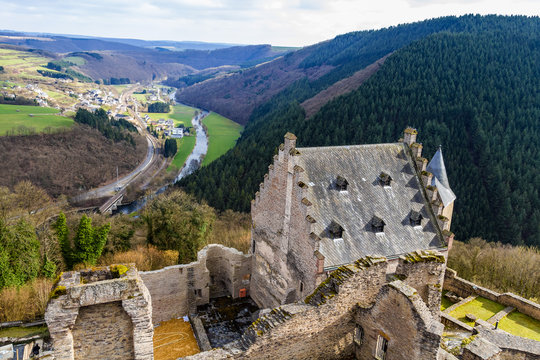 Bourscheid Castle in sunny spring day, Luxembourg