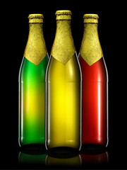 Set of beer bottles with clipping path isolated on black gradient background