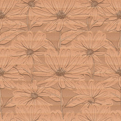 Creative floral wallpaper, Seamless pattern of chamomiles on a cardboard background, Hand-drawn daisies. Pastel delicate brown paper texture, Vector illustration