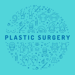 Flat infographics Plastic Surgery, Beauty and Health, Turquoise background with place for text. Medical linear icons: breast augmentation, liposuction, face and body cosmetology. Vector illustration