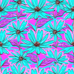 Bright floral seamless pattern, wallpaper of chamomiles, Hand-drawn daisies. Bright turquoise flowers on purple background. Juicy textile coloring, Vector illustration
