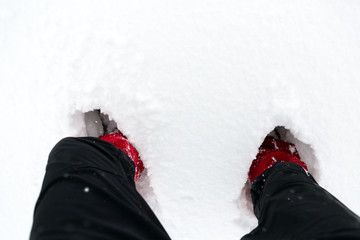 Fototapeta na wymiar Snow shoes on a white snow during hiking in winter