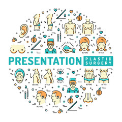 Obraz premium Template medical infographic, Presentation Plastic Surgery. Medical linear icons: breast augmentation, liposuction, face and body cosmetology. Vector flat illustration