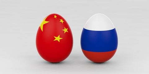 China and Russia flags on eggs. 3d illustration