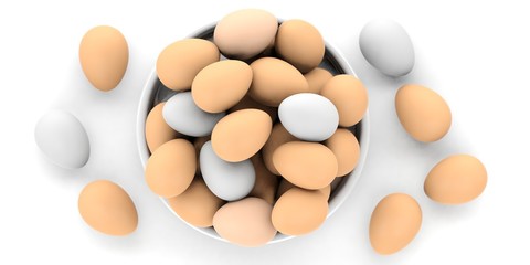 Eggs in a bowl on white background. 3d illustration
