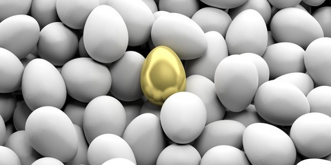 Golden egg on white eggs background. 3d illustration