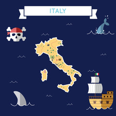 Flat treasure map of Italy. Colorful cartoon with icons of ship, jolly roger, treasure chest and banner ribbon. Flat design vector illustration.