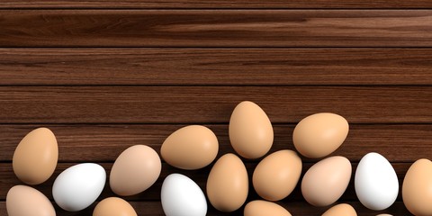 Eggs on a wooden background. 3d illustration