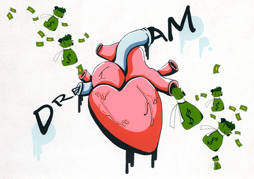 Realistic heart and money sketch