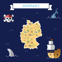 Obraz premium Flat treasure map of Germany. Colorful cartoon with icons of ship, jolly roger, treasure chest and banner ribbon. Flat design vector illustration.