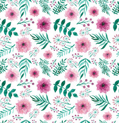 Repeat Pattern With Watercolor Pink Flowers And Green Leaves