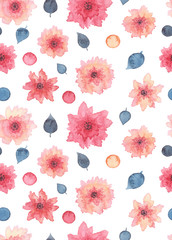 Watercolor Delicate Pink Flowers, Spots And Blue Leaves Seamless Texture