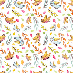 Watercolor Flying Funny Birds, Tree Branches And Leaves Repeat Pattern