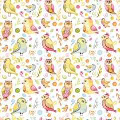 Seamless Pattern With Watercolor Leaves, Colorful Birds And Spots