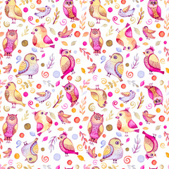 Naklejka premium Watercolor Bright Pink Little Birds and Leaves Seamless Repeat Pattern