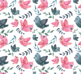 Seamless Texture With Watercolor Little Blue and Pink Birds And Leaves