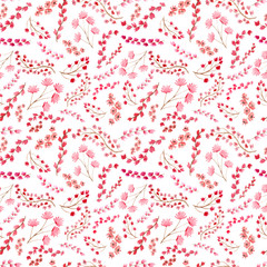 Fototapeta na wymiar Watercolor Little Red Flowers on Branches Seamless Texture