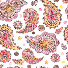 Naklejka premium Seamless Pattern With Watercolor Pink Paisley, Mandala And Colorful Dots
