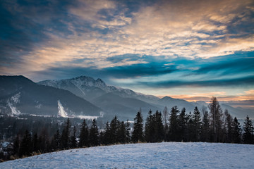 Zakopane during the skiing competitions in winter at sunset, Poland