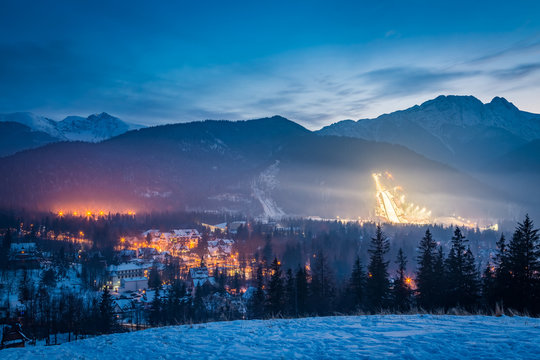 Skiing competitions in Zakopane at dusk in winter, Poland