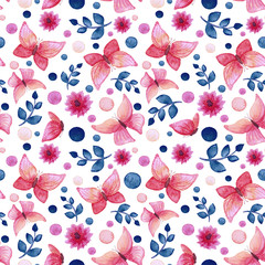 Seamless Pattern With Watercolor Pink Butterflies, Flowers And Blue Leaves