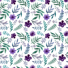 Repeat Pattern With Watercolor Violet Flowers, Berries and Green Herbs