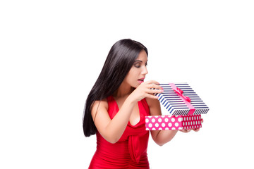 Woman with giftbox isolated on the white background
