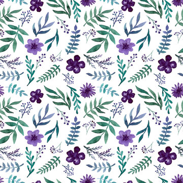 Repeat Pattern With Watercolor Violet Flowers, Berries and Green Herbs