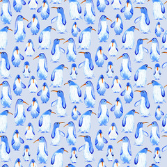 Seamless pattern with penguin.Arctic bird image.Watercolor hand drawn illustration.Blue background.