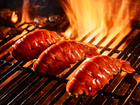 Lobster Tails Cooking On Grill