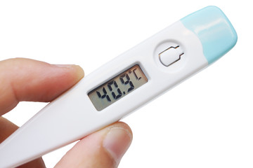 hand holding a thermometer with a high fever temperature - obrazy, fototapety, plakaty