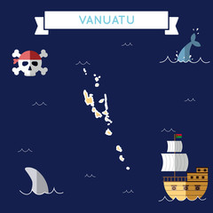 Flat treasure map of Vanuatu. Colorful cartoon with icons of ship, jolly roger, treasure chest and banner ribbon. Flat design vector illustration.